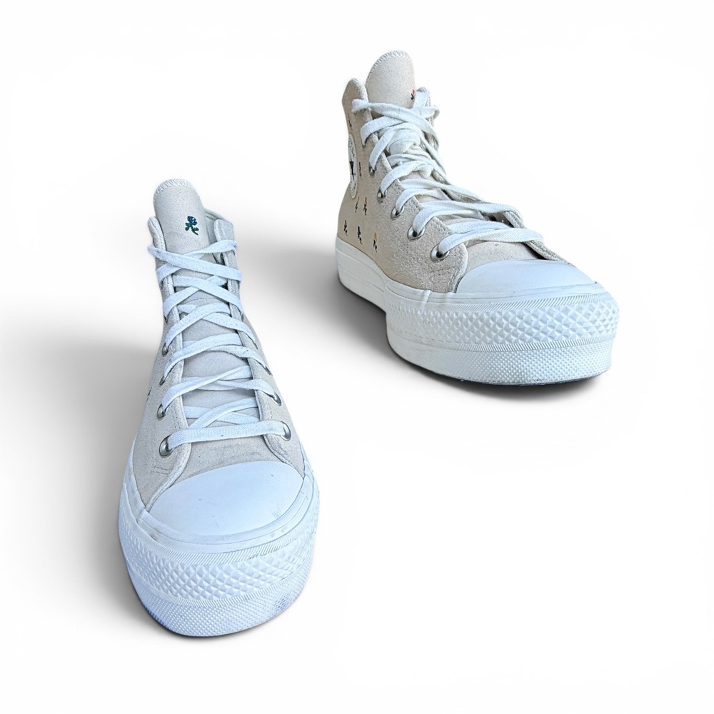 Converse Chuck Taylor All Star Lift Hi Platform Suede Floral Rose Sneakers Beige - Picture 4 of 16